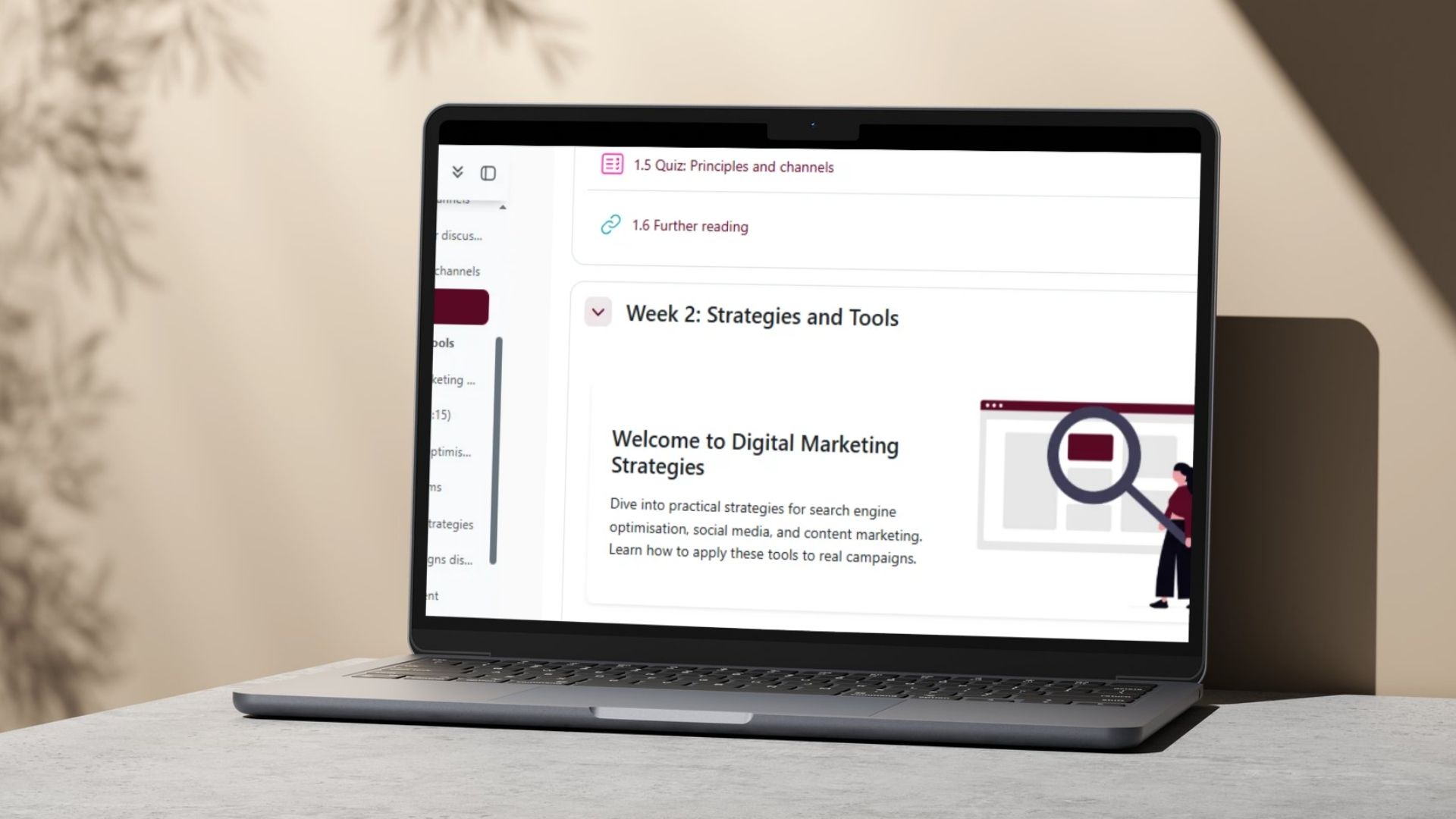 homepage of course developed in Moodle